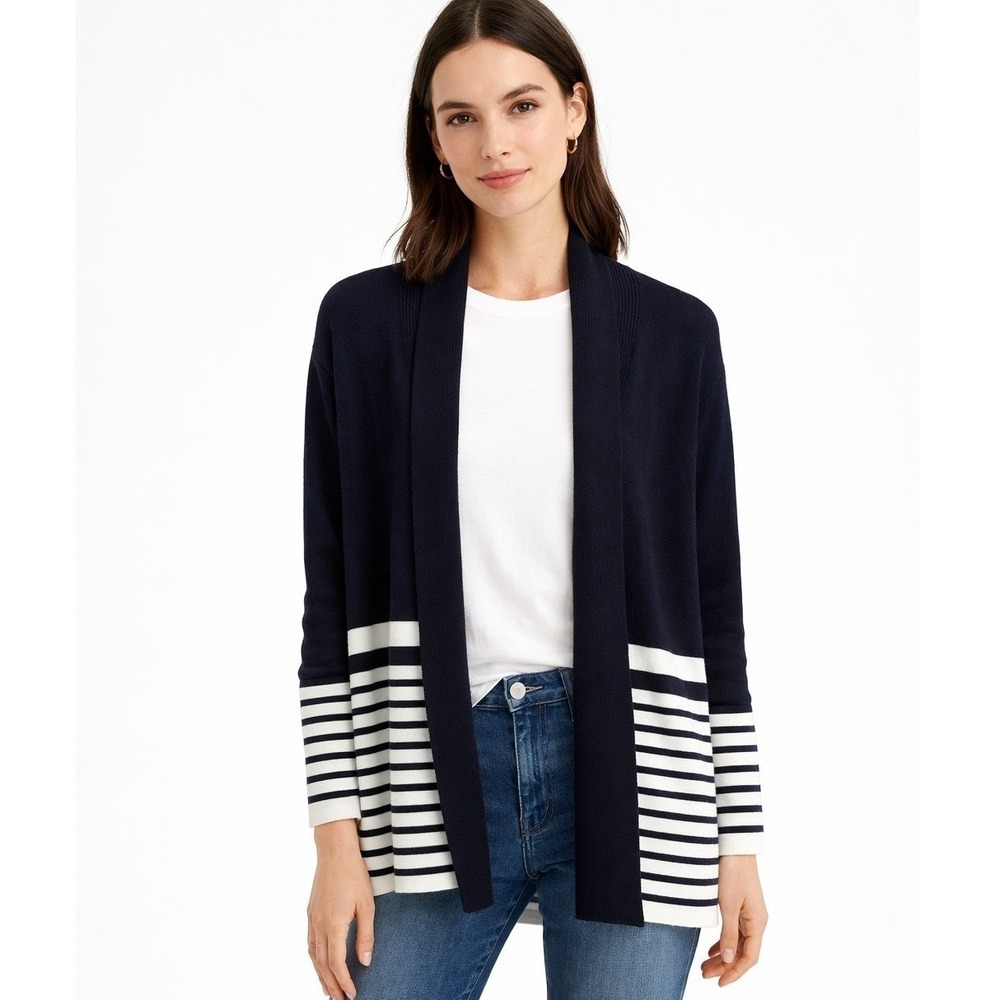 99 Jane Street Cardigan Womens PS Navy Blue White Striped Open Front Ribbed Knit